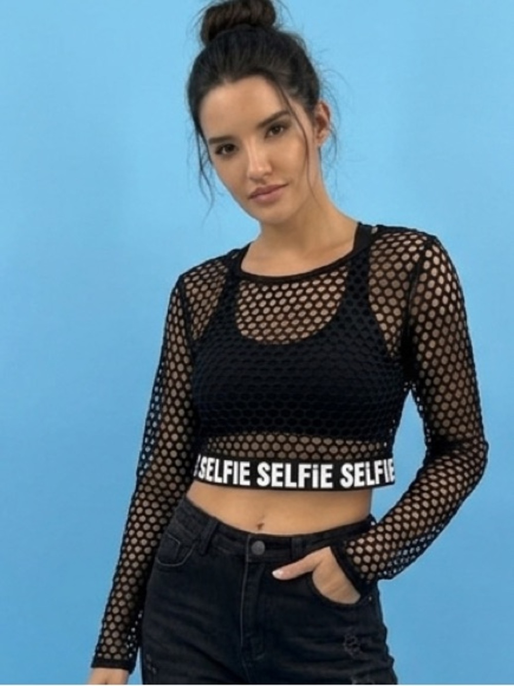 ☀️it girl Black Mesh Crop Top with 'SELFIE' Elastic Band